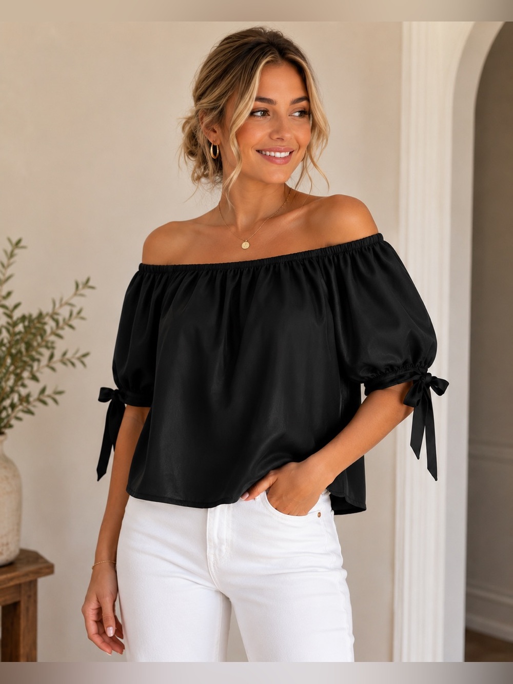 RW&CO. Black Off-Shoulder Tie-Sleeve Blouse